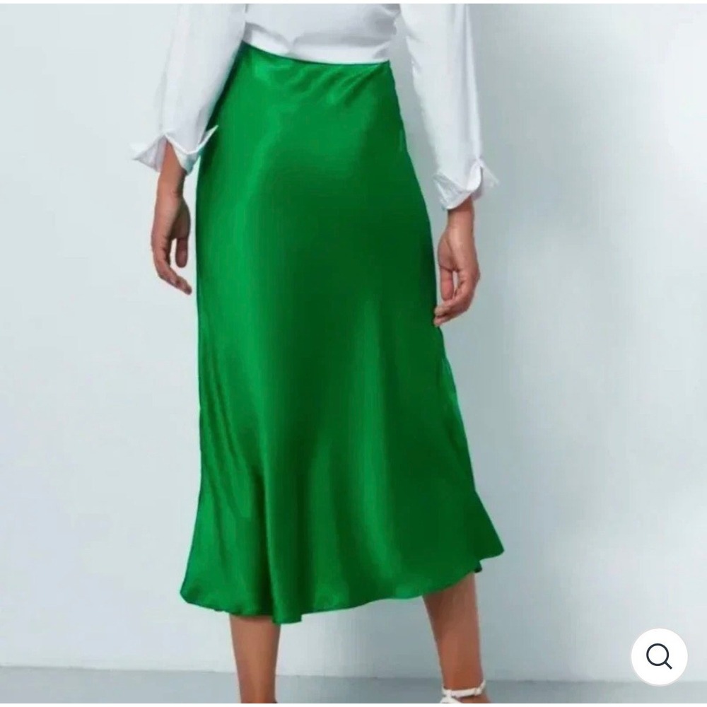 Rachel Zoe Green Satin Midi Slip Skirt Emerald Size 2 Side Zip Stretch Bias Cut